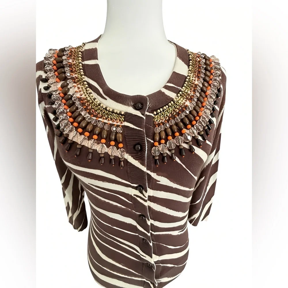 Kate Spade New York W’s Brown Zebra Print Cardigan Sweater S Beaded Embellished